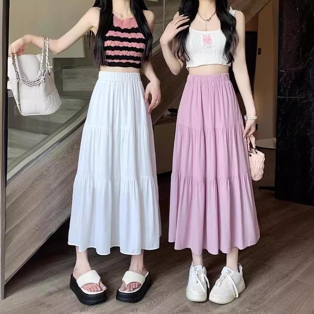 Women's Petite Black & White Midi A-Line Skirt - Summer 2024 Collection, High-Waisted, Drapey Design