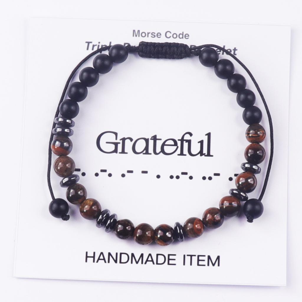 Woven Morse Code Bracelet 6mm Tiger's Eye Stone Black Frosted Code Bracelet Tiger's Eye Stone Morse Code Bracelet
