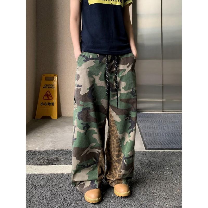 Mens Relaxed Fit Camo Cargo Pants Casual Wide Leg Jeans Water Washed Cotton Blend