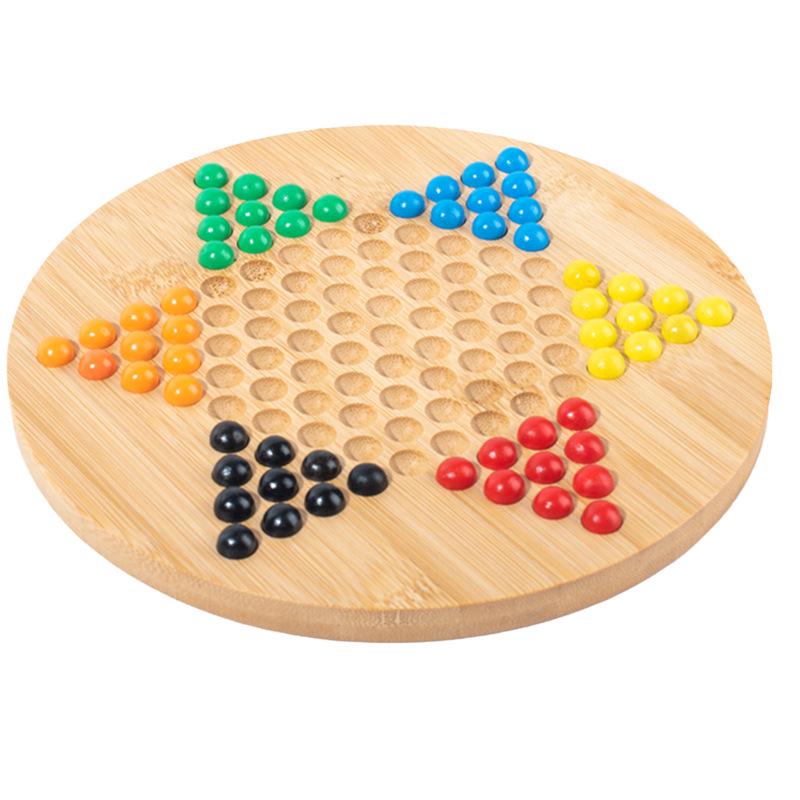 Children's Hexagonal Bamboo Jump Checkers Game with Colorful Wooden Beads, Parent-Child Interaction Board.