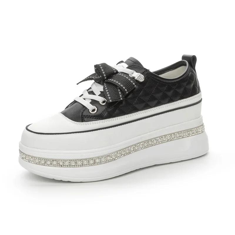 

6 см новые туфли на танкетке из натуральной кожи на платформе Zapatos De Mujer Bling Vulcanize массивные кроссовки-лодочки на платформе женская мода 34 чёрный