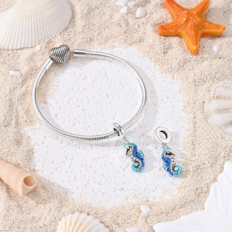 925 Sterling Silver Charms Bead CZ Zircon Blue Seahorse Dangle Fit Original Bracelet DIY Women Jewelry GiftGood Product