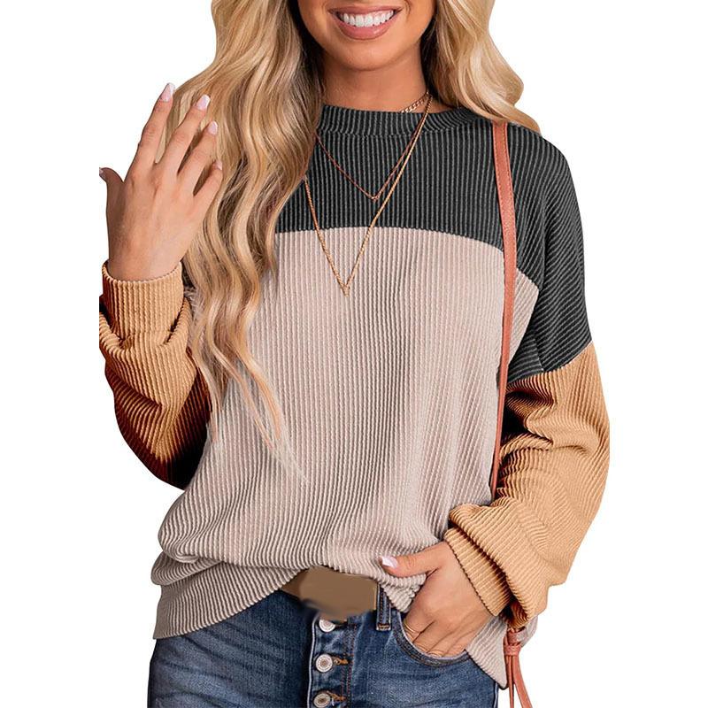 Women Fashion Color Block Long Sleeve O-neck Knitted Ribbed Casual Loose Pullovers