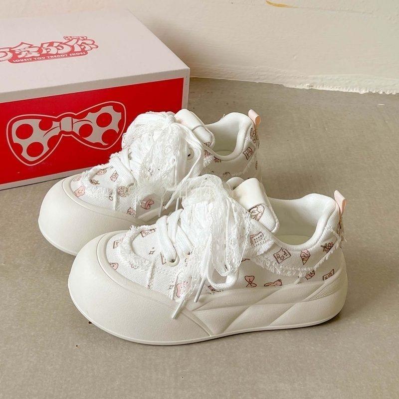 Fashion Comemore Cute Bread Shoes Thick-Soled White Sneakers Women's 2025 New Spring Autumn Casual Lace Up Round Toe Board Sneaker Shoes