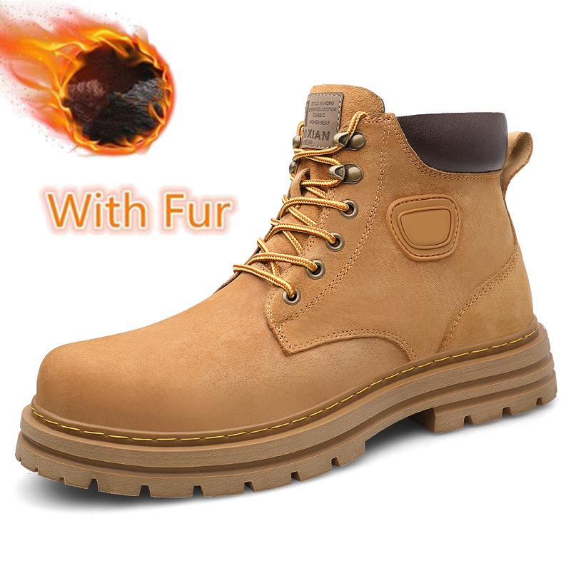 

High Top Mens Suede Leather Motorcycle Boots Non-Slip Lace-Up Walking Shoes Luxury Brand Basic Boots Warm Plush Fur Winter Botas 46