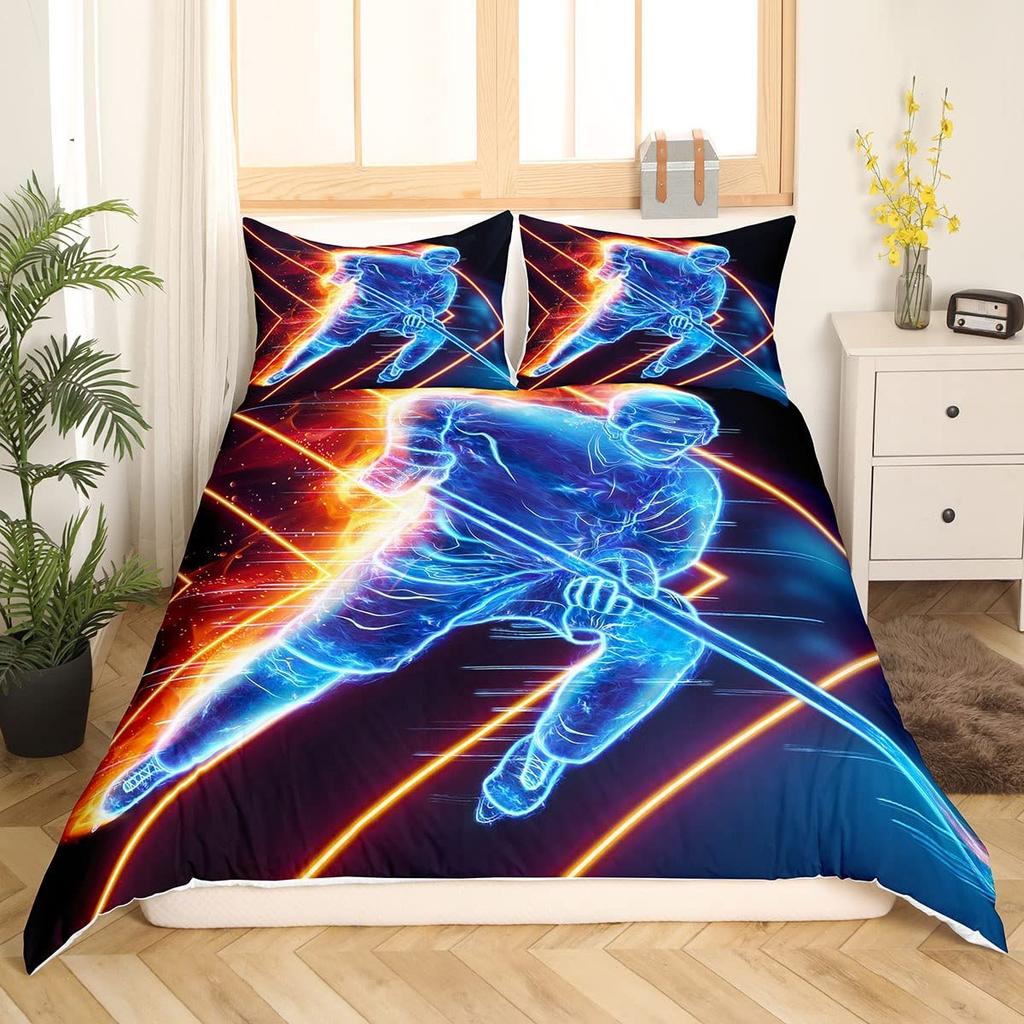 Ice Hockey Sport Duvet Cover Burning Hockey Ball for Teen Athlete Black Polyester Quilt Cover for Friend Gift Bedroom Decoration