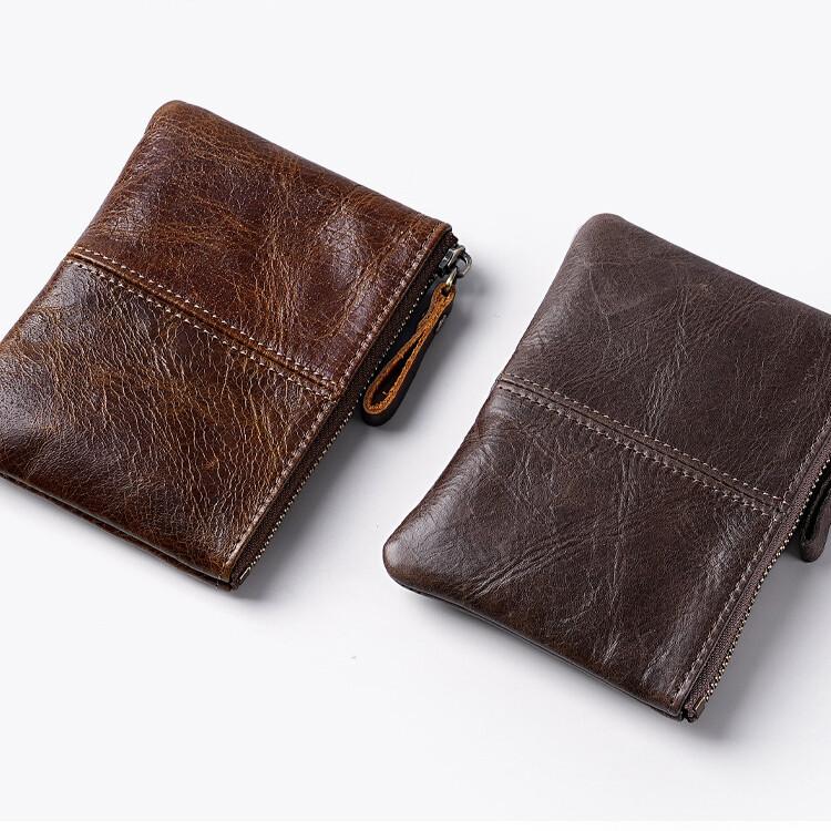 Mens and Women Retro Real Leather Zipper Wallet Card Holder Small Coins Keys Pocket Money Storage Pouch with Chain Key-ring