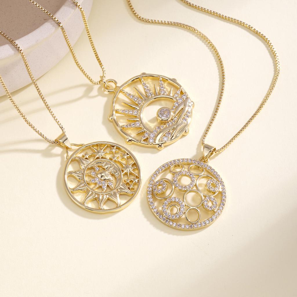 Nidin Trendy Sun Moon Star Pendant Necklace For Women Copper Cubic Zirconia Hollow Round Charm Chain Celestial Boho Jewelry Gift
