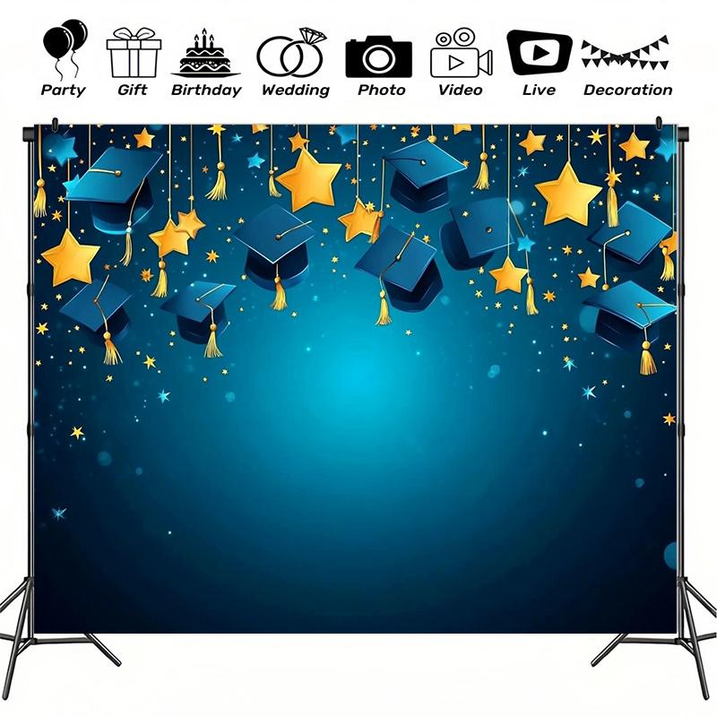 1 Kindergarten Graduation Party Background Banner - Durable Polyester Fabric Blue and Gold Starry Sky Design