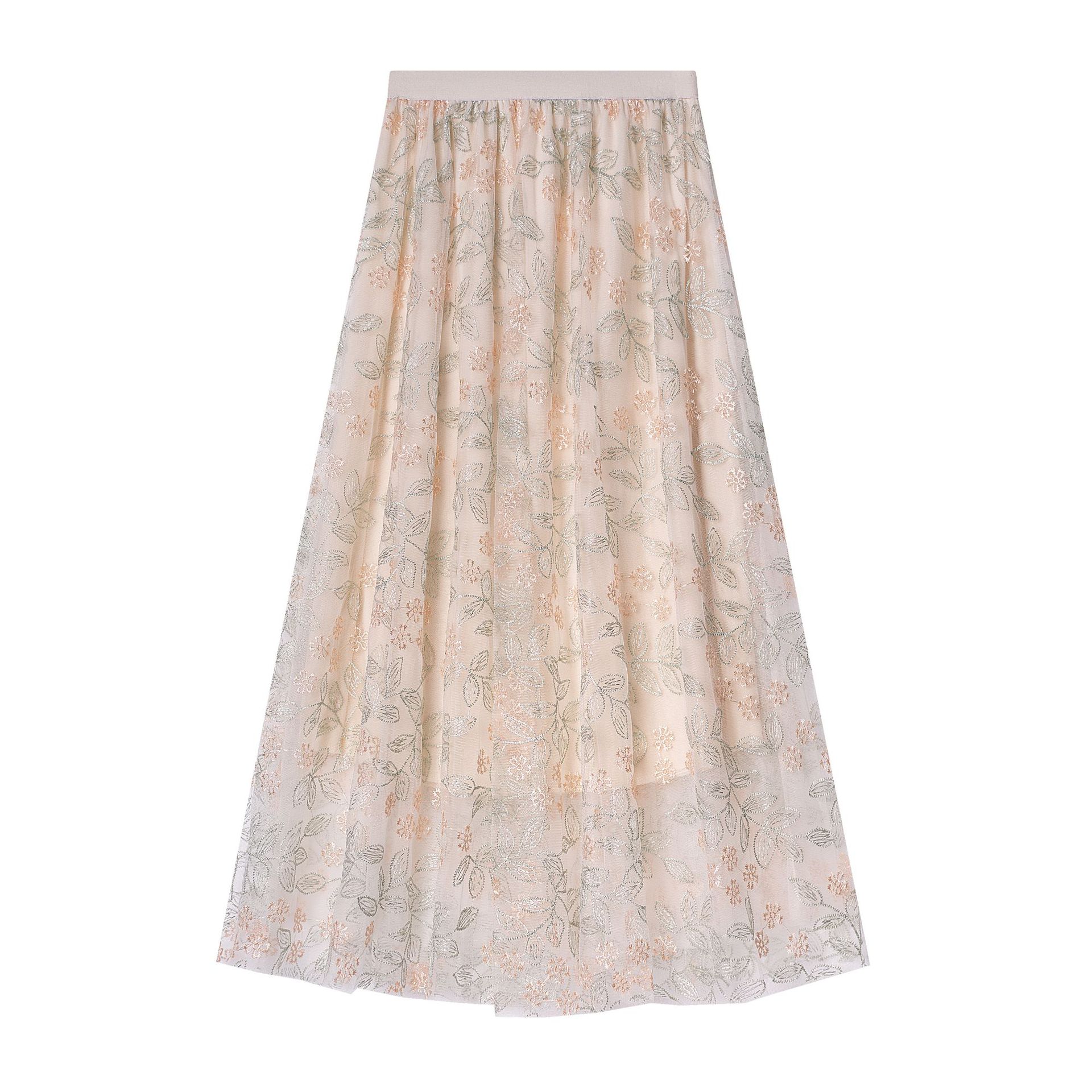 

Юбка Mori с вышивкой и эластичным поясом, облегающая двухслойная юбка средней и длинной длины, летняя новая темпераментная женская юбка юбка One size абрикосовый