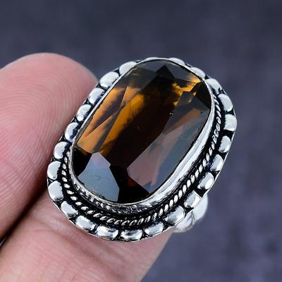 Naturalny Miodowy Topaz Kamień Szlachetny Ręcznie Robiony Srebro Próby 925 Pierścionek na Prezent Rozmiar 8 g6A92