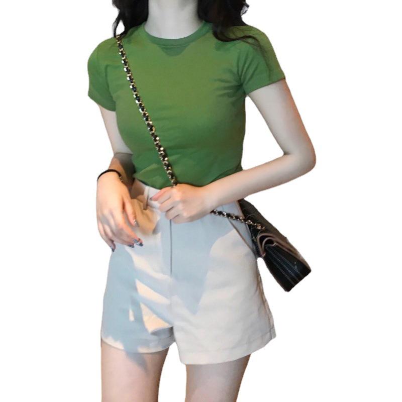 Women's Korean Style Slimming Solid Color Round Neck Summer T-Shirt 2025