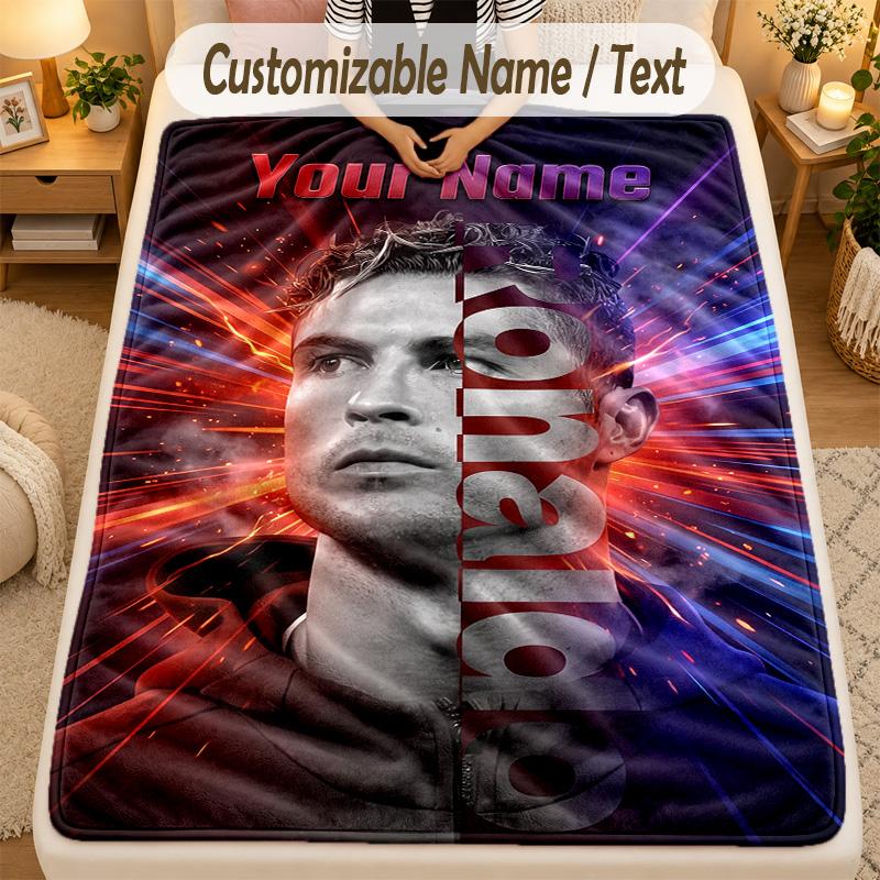 Flannel BlanketCristiano Ronaldo Custom Name Text Personalized Soft Warm Throw Blanket Home Decor Gift
