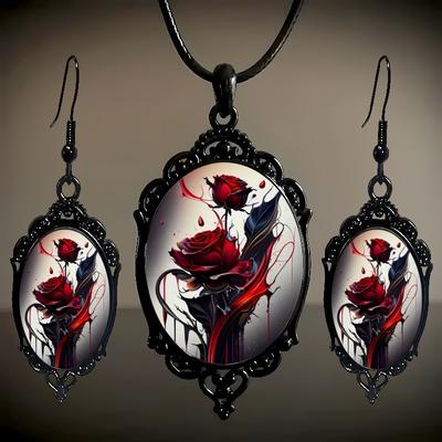Vintage Style Pendant Necklace and Earrings Set Gothic Floral Pattern Oval Frame Jewelry Three Piece Set for Women and Girls