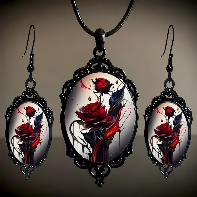 Flower Pattern Black Frame Glass Pendant Earrings, Necklace Set