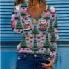 Christmas Women T-shirts  New Autumn Winter Christmas Printed V-neck Long Sleeve Women's T-shirt Fashion Loose Tops