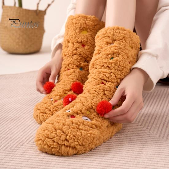 1 Pair Winter Floor Socks Cartoon Design Animal Embroidery Ultra Thick Fleece Keep Warm Mid-tube Non-slip Slipper Socks