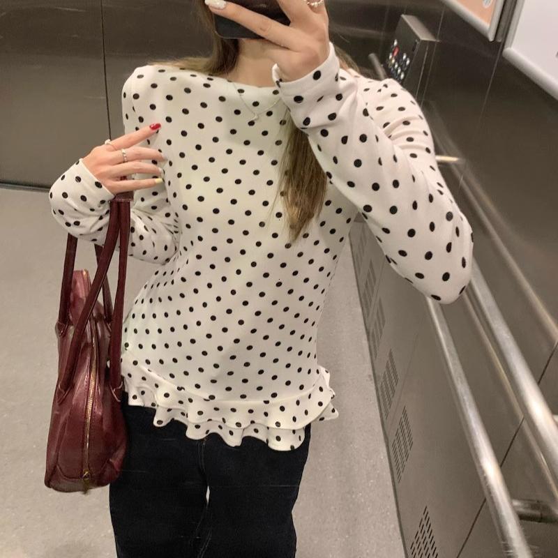 Korean Style Ruffle Trim Long Sleeve T-Shirt for Women Polka Dot Thin Interior Top Sweet Shirts Women Clothes