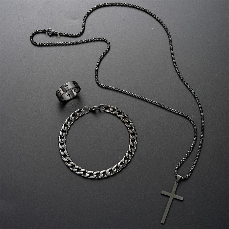 Black Titanium Steel Cross Pendant Necklace for Men Women Minimalist Male Female Chokers Box Chain Necklace Party Jewelry Set