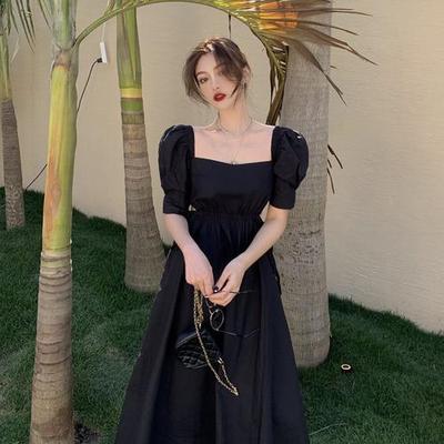French Vintage Dress Women Casual Puff Sleeve One Piece Dress Korean Gothic Bandage Midi Black Dress Female Evening Party Chic