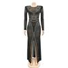 European & American Fashion Women's See-through Mesh Long Sleeve Slit Dress with Hot Drilling Details.