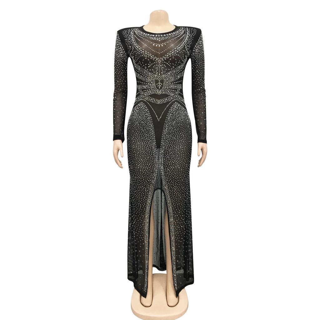 European & American Fashion Women's See-through Mesh Long Sleeve Slit Dress with Hot Drilling Details.