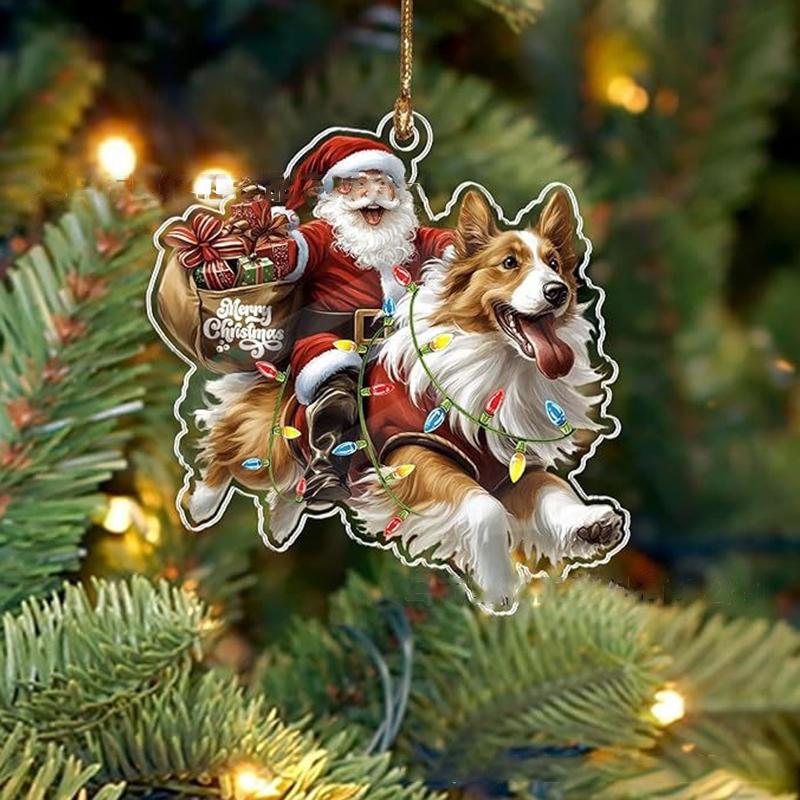 2026 Santa Claus And His Funny Dog Ornament 2D Flat Acrylic Pendant Christmas Decoration For Home Xmas Tree  Year Kerst