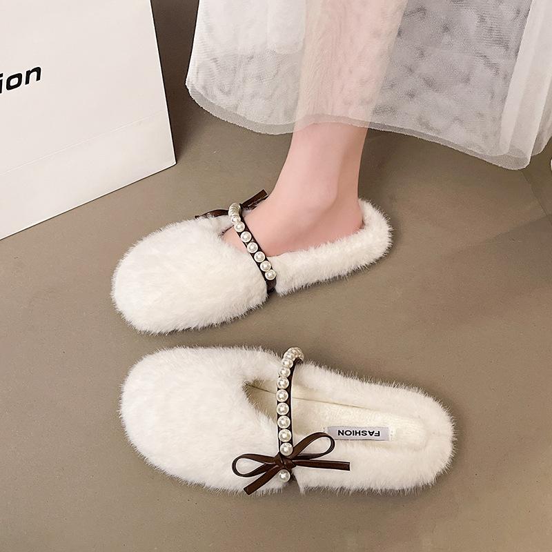 2025 French Large Size Flat Bottom Versatile Bag Head Half Slippers Femininity Slippers Fashion with Skirt Gentle Fluffy Shoes