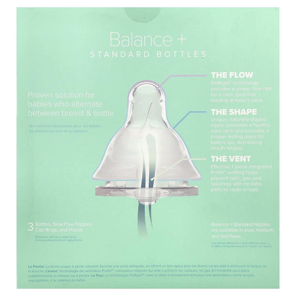 Evenflo Feeding, Balance+ Bottle, Standard, 0+ Months, Slow Flow, 3 Bottles, 270ml (9oz) Each