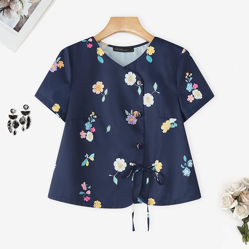 

ZANZEA Women Casual V-Neck Summer Short Sleeve Floral Blouse 5XL тёмно-синий