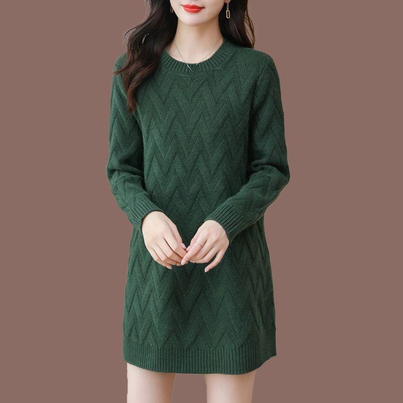 Women's Mid-length Sweater Loose Korean Style Large Size Pullover Outer Wear Pure Color Casual Long-sleeved Knitted Shirt