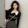 College Style Polo Neck Knitted Bottoming Shirt Women's Autumn Slim-fitting High-waisted Short Striped Long-sleeved Lapel Sweater