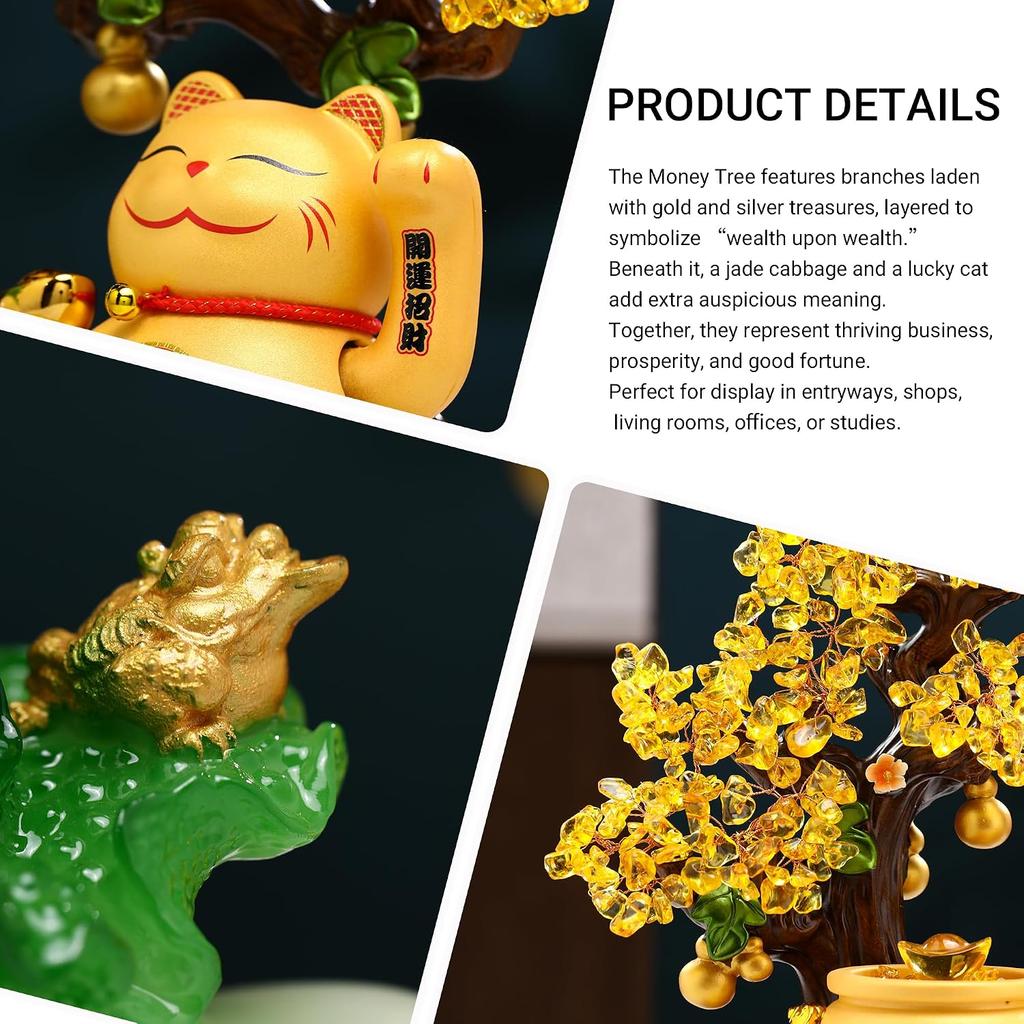 Aris & Juno 11.42'' Feng Shui Money Tree Statue with Fortune Cat & Jade Cabbage, Lucky Wealth Decor for Bookshelf, Home Office & Business Opening