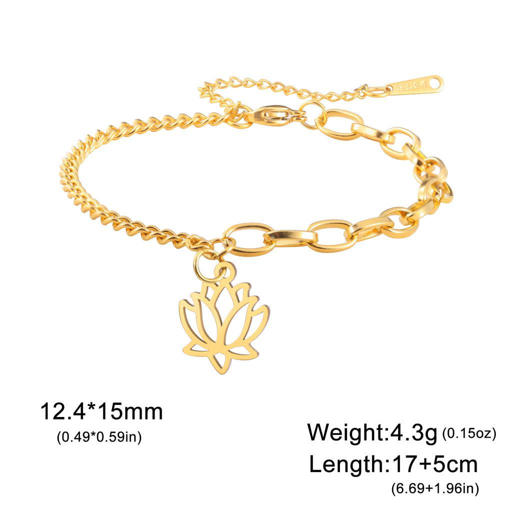 Lucktune Lotus Flower Charms Bracelets Stainless Steel Buddhism Gold Color Chain Bracelet for Women Fashion Boho Jewelry Gift