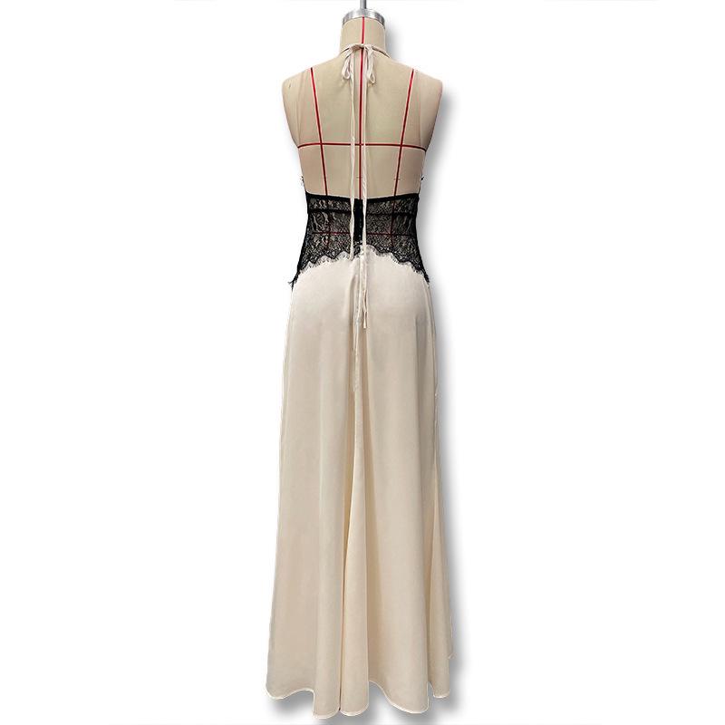 European Style 2025 Summer Women's Deep V Lace-Up Backless See-Through Slim Fit Dress