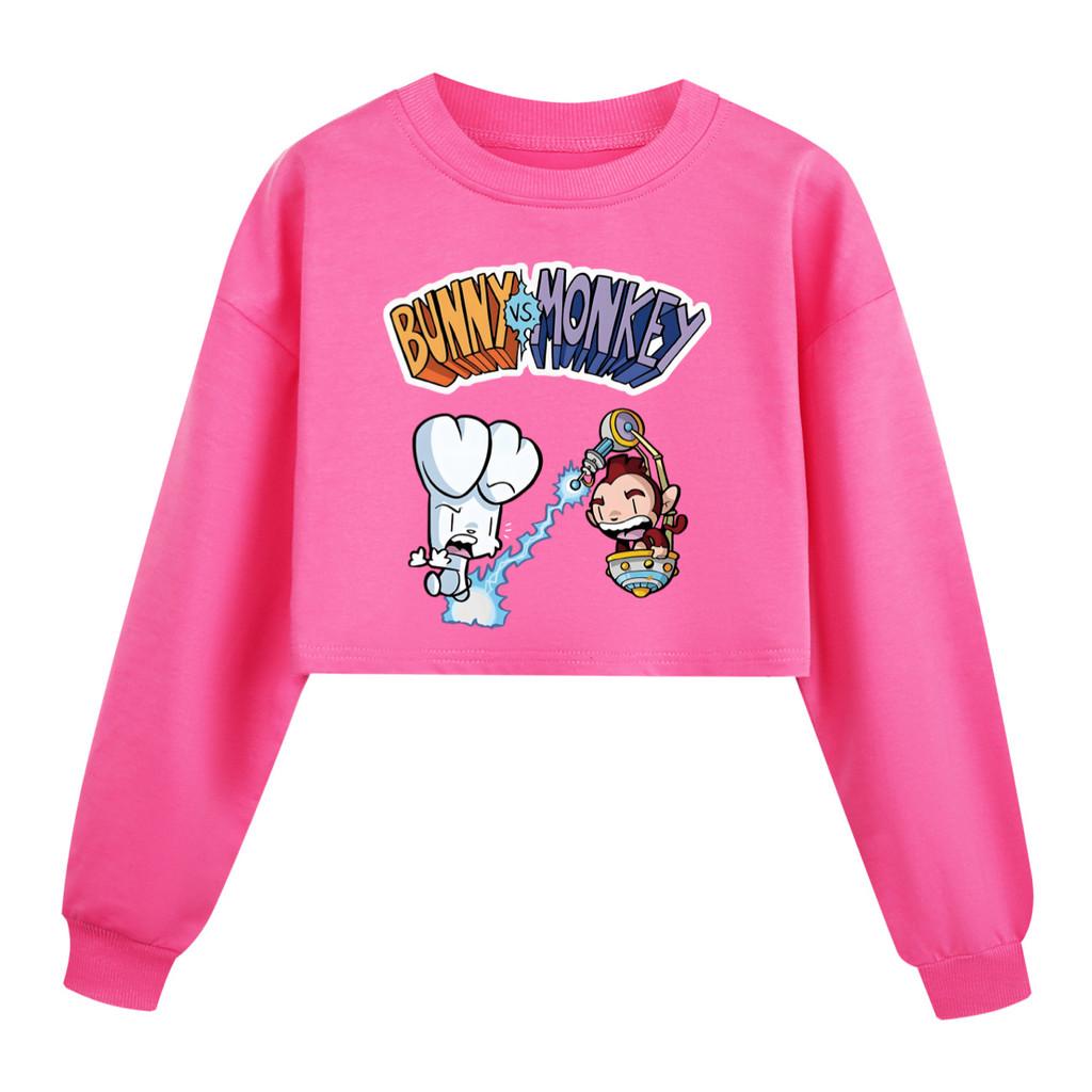 4187 Kinder Mädchen Kaninchen Affe Aufdruck Lässiger Langarm Kurzer Stil Sweatshirt