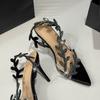 Fashion Golden Patent Leather Leaf High Heels for Women In Summer 2025, One-line Sandals with Thin Heels, Pointed Toe and Exposed Toe