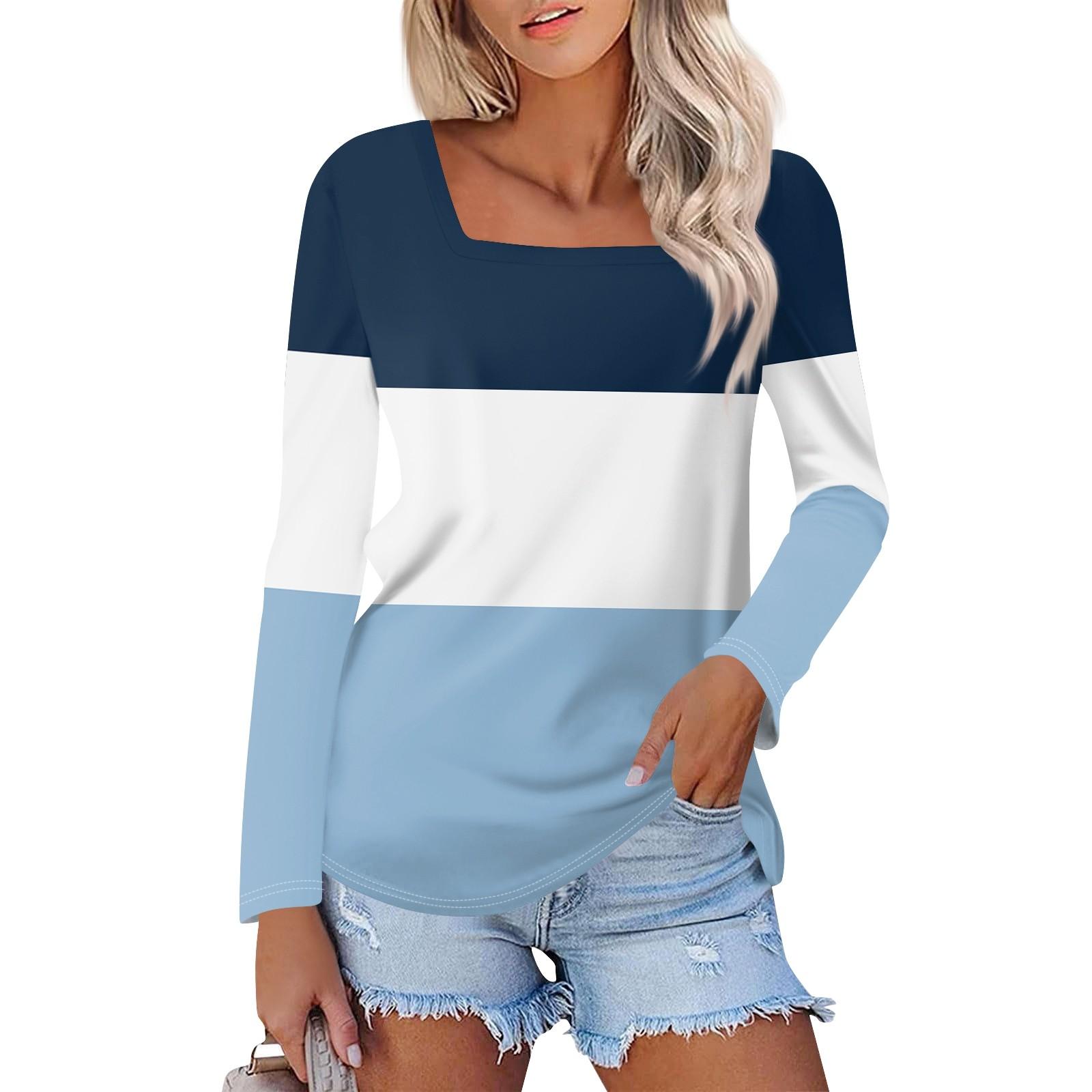 

Рубашка для женщин, модная повседневная свободная футболка с квадратным вырезом и длинным рукавом с принтом, женский топ L синий