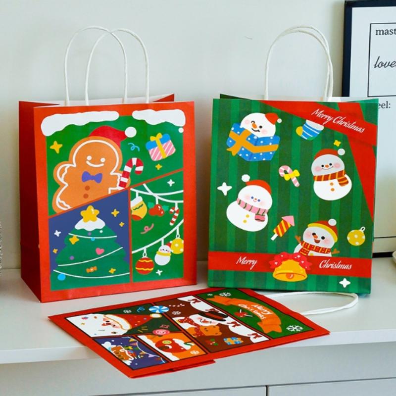 Merry Christmas Kraft Paper Gift Tote Bags Packaging Child For Candy Snack Storage Pouch Birthday Party Favors
