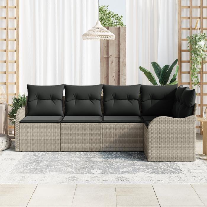 Ensemble de canapé de jardin 5 pièces avec coussins en poly rotin gris clair, Canapé de jardin 2 places avec rangement 3354371