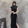 Vintage Black Velvet Cheongsam: Modern Slit Silk Dress