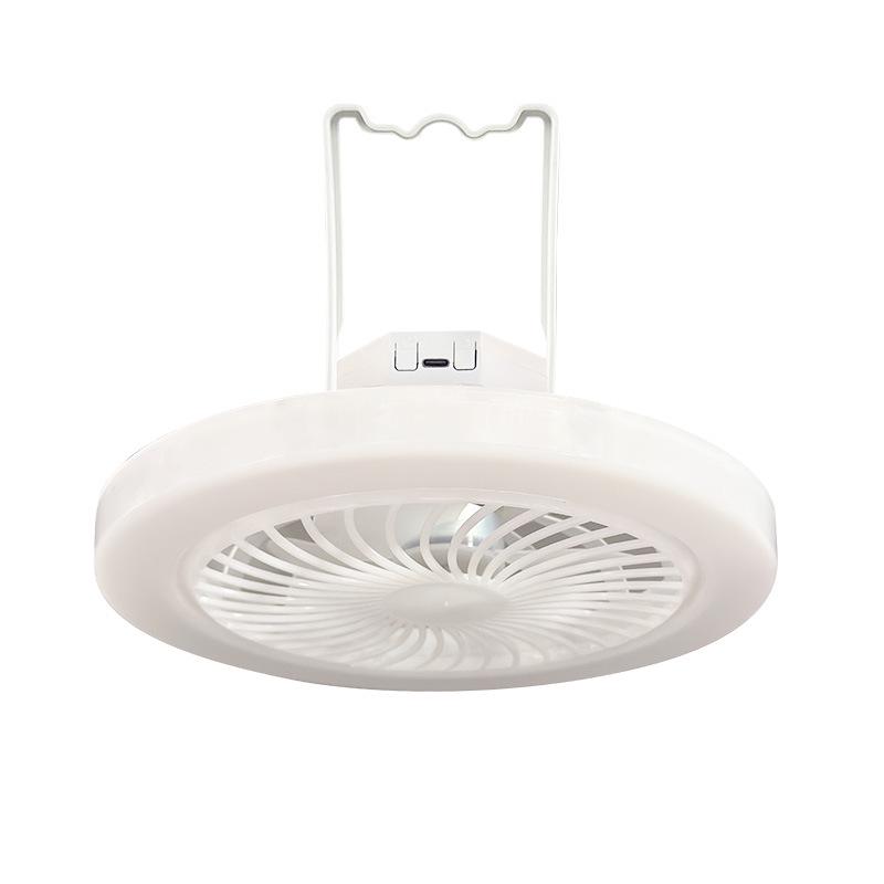 Portable Camping Ceiling Fan with Super Bright Light, USB Rechargeable, Three-Color Dimming, and Powerful Wind.