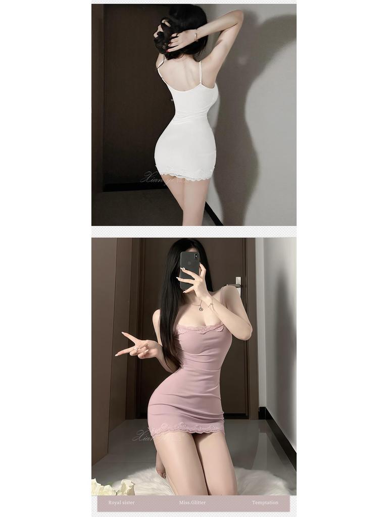 Xianyi Pure Desire Lace Splice Sexy Bodycon Sling Dress - Solid Color Sleepwear 689