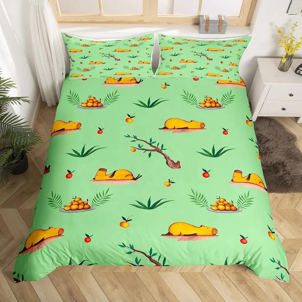 Cute Capybara Print Bedding Sets Full Kawaii Honey Bee Comforter CoverCartoon Animals Bed Set Red Love Heart Print Duvet Cover