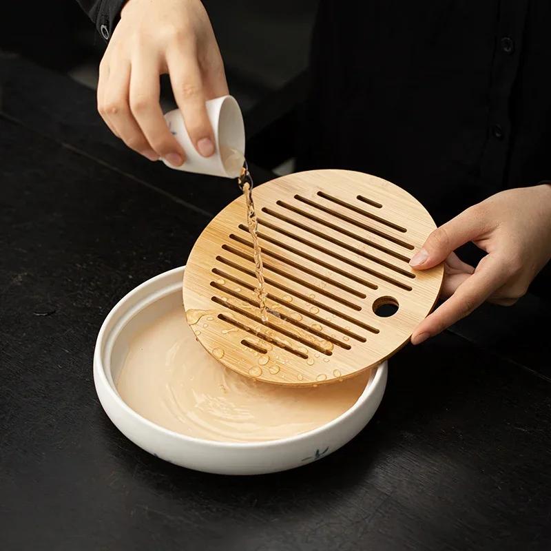 Chinese Hand-painted Orchid Ceramics Tea Tray Water Storage Round Trays Household Pot Bearing Teapot Mat Tea Set Accessories