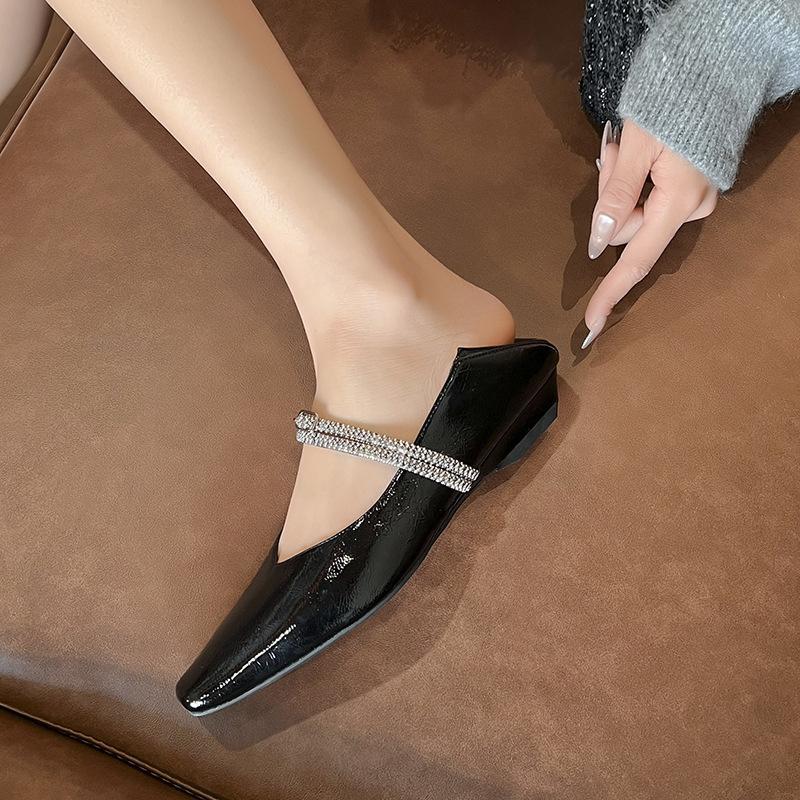 3189-7 Shiny Rhinestone One-word Strap~ Wedge Heel Small Square Head Flat Shoes Single Shoes Fairy Wind Can Be Worn with Two Heels