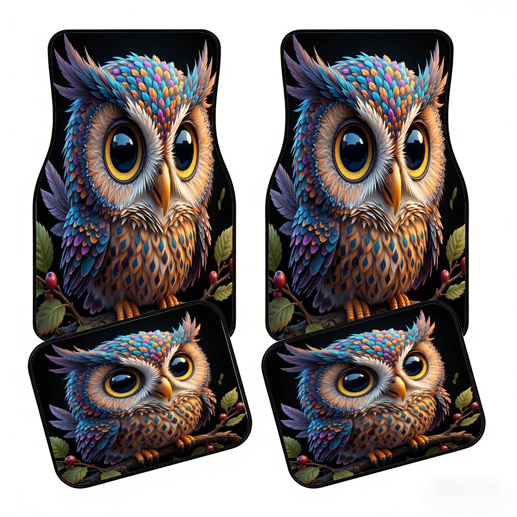 2D Flat Printing, 4pcs Car Floor Mats Retro Forest Cartoon Owl Car Mats Vibrant Dreamy 3D Cute Pet Print Car Foot Mats Universal