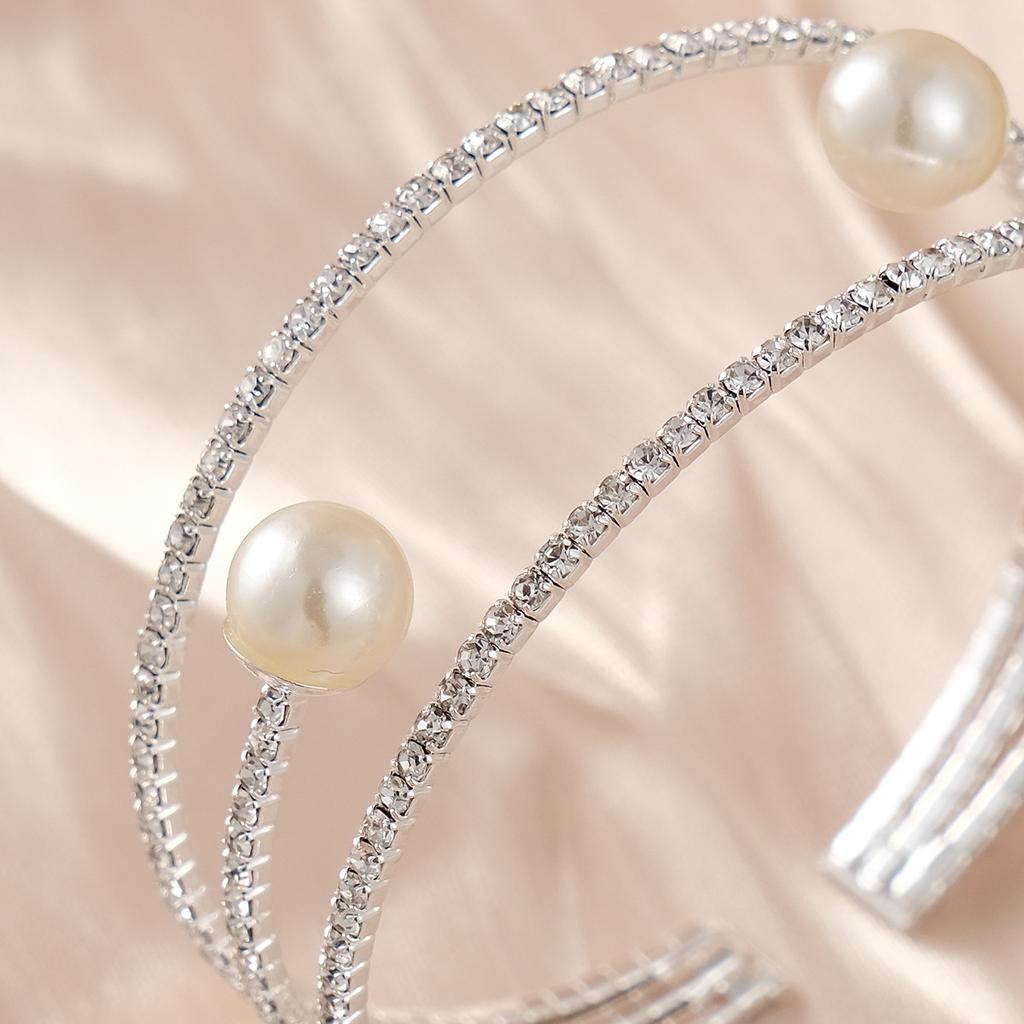 Luxury Rhinestone Pearl Wide Open Cuff Bracelet For Women Stylish Stretch Bangle Fashion Versatile Jewelry Gift