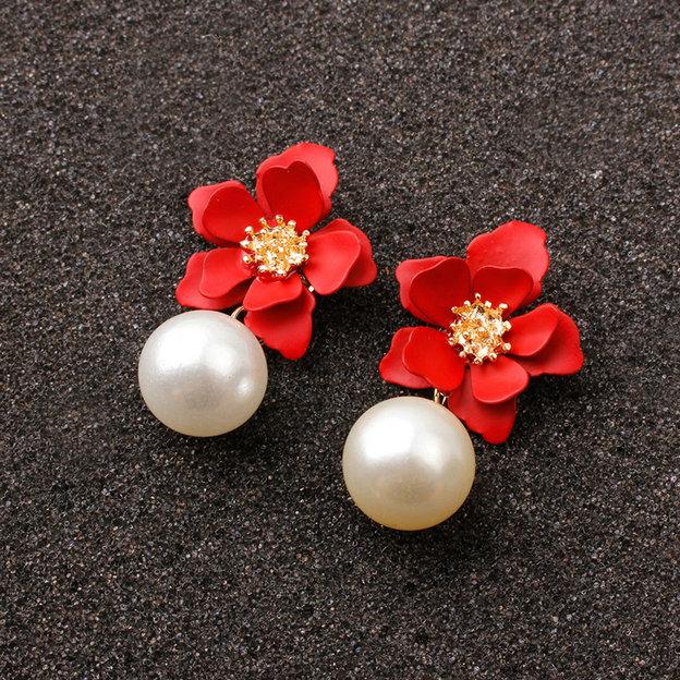 

Fashion Pearl Drop Dangle Earrings Paint Flower Enamel Gold Color Sweet Zircon Vintage Statement Earings For Girls Women Gift красный
