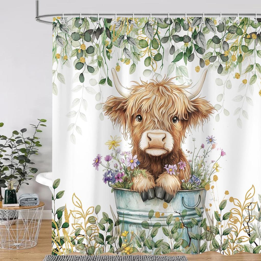 Cute Highland Cow Shower Curtain for Bathroom, Farmhouse Rustic Cow Animal Bathing in Bathtub Shower Curtains Decor Set